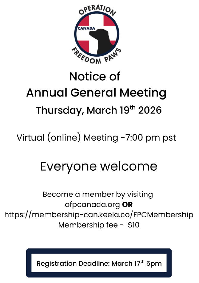 Notice of the Annual General Meeting, Thursday March 19, 2026. Virtual (online) meeting 7:00PM PST. Everyone welcome. Become a member by visiting ofpcanada.org or membership-can.keela.co/FPCMembership . Membership fee $10. Registration Deadline March 17 at 5pm